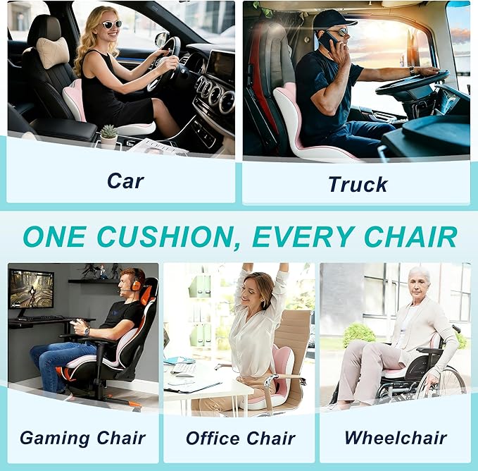 Seat Cushion for Office Chair and Car, Lumbar Support Pillow for Office Chair, Memory Foam Ergonomic Seat Cushion for Long Sitting, Back & Tailbone Pain, Sciatica - Pink & Gray