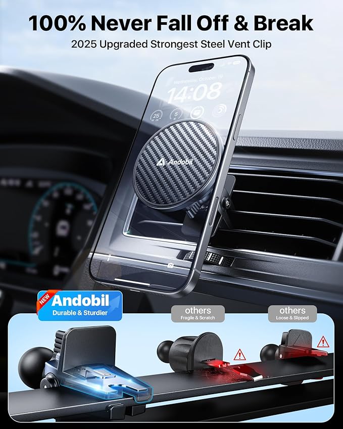 【Military-Grade】andobil 3 in1 Magnetic Phone Holder for Car Dashboard Windshield Vent 【Upgrade Suction & Strongest Magnet】Retractable for MagSafe Car Mount Mats for iPhone 17 16 15 14 Pro Max Sumsung