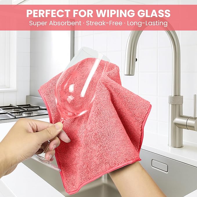 SIFANGKE Microfiber Cleaning Cloth, 12 Pack Pink Cleaning Rags for Housekeeping, Reusable Microfiber Towels for Car, Kitchen, Bathroom and Household Cleaning Supplies, 11.8"X11.8"