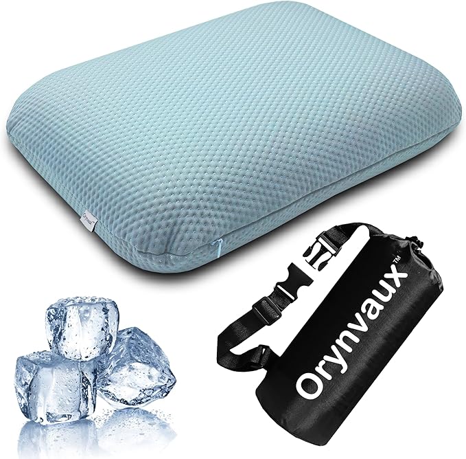 Cooling Camping Pillow, Memory Foam Travel Pillow with Adjustable Buckle Strap & Storage Bag, Compact Small Pillow for Airplane, Car Lumbar, Office, Washable Cooling Cover, Glacier Blue