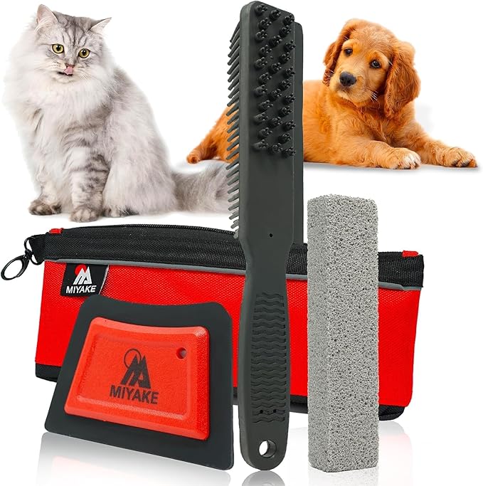 Miyake 3-in-1 Pet Hair Remover Rubber Brush with Squeegee, Cat and Dog Hair Remover Pumice Stone Tool, Lint & Carpet Cleaner for Couch, Furniture, Clothes, Pet Bed, Car Detailing Supply & Home Tools