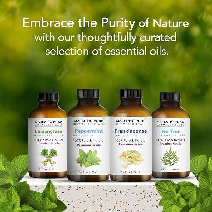 Majestic Pure Essential Oil with Glass Dropper - 100% Pure and Natural - Essential Oils for Diffuser, Aromatherapy, Soap and Candle Making, Peppermint Essential Oil, Peppermint Oil, 3.4 Fl Oz
