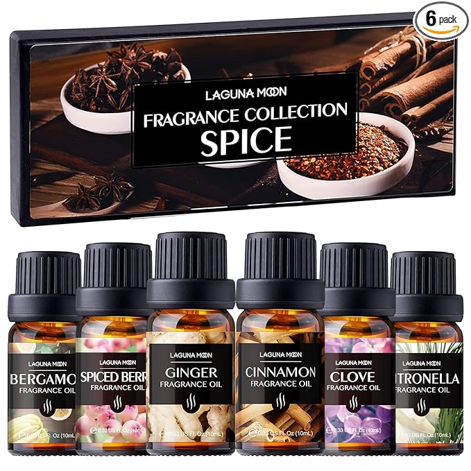 Lagunamoon Fall Essential Oils Set - Spice Fragrance Oils Autumn Gift Set for Diffusers, Home Care, Candle Making Scents, Aromatherapy - Cinnamon, Clove, Citronella, Ginger and Spiced Berries (10mL)