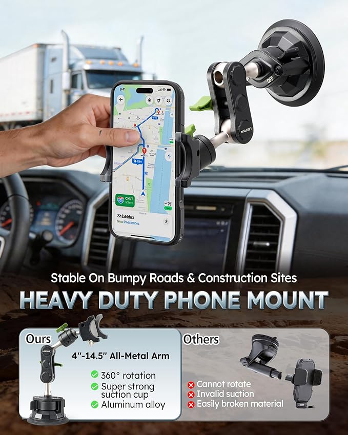 Heavy Duty Truck Phone Mount, Aluminum 360° Rotating Anti-shake Suction Cup Phone Mount, 14.5" Long Arm Metal Windshield Phone Holder for Car Truck Semi, Fits Thick Cases F-150 Silverado RAM Kenworth