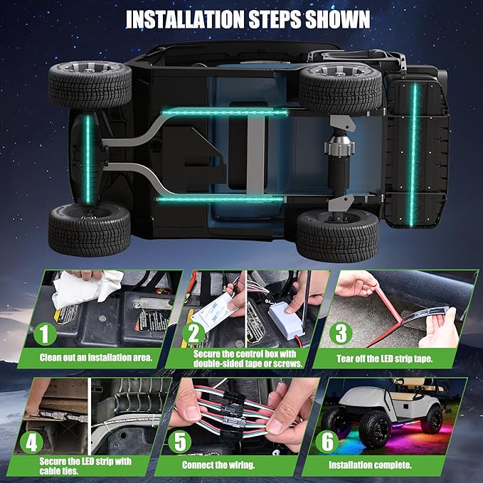 10L0L Golf Cart Underglow LED Light Kit, 4PC Flexible Neon Strip Lights with 14 Modes, Music Sync, Waterproof Remote Control Underbody Glow for EZGO, Club Car, Yamaha