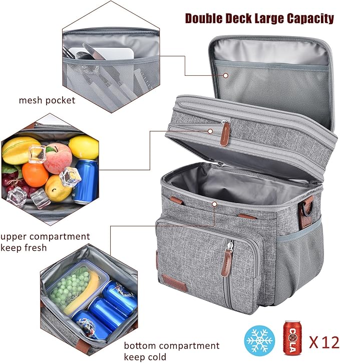 MIYCOO Lunch Bag & Lunch Box for Women Men, Double Deck Leakproof Insulated Soft Large Adult Camping Cooler bag for Work, Beach, Picnic, Travel (Grey, 15L)