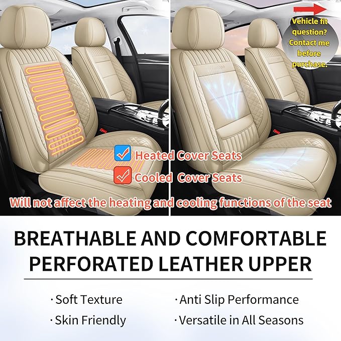 Chezope Car Seat Covers Full Set, Beige Leather Seat Covers, Breathable Front and Back Car Seat Protectors, Wear-Resistant Seat Covers Universal Fit for Most Cars SUV Truck (Beige-Stripes-A, Full Set)