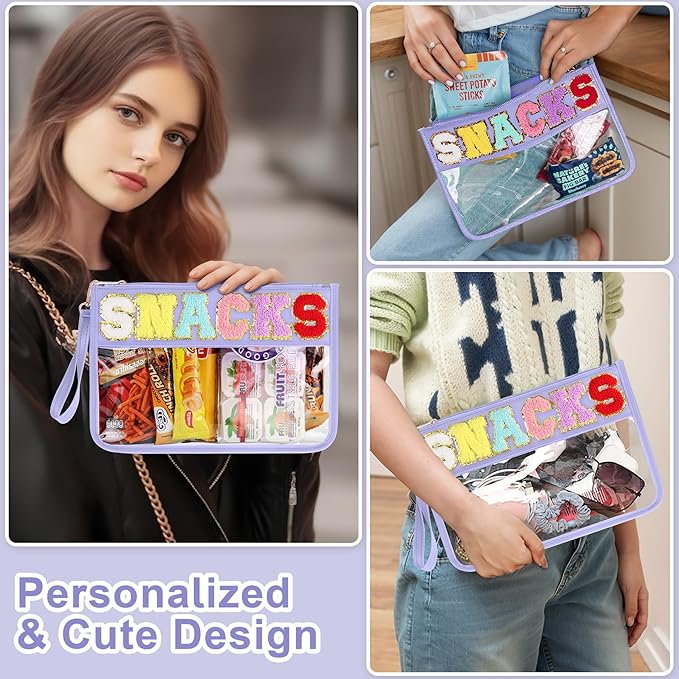 Snack Bag for Travel - Clear Chenille Varsity Letter Flat Pouch with Zipper, 12.2×8.46 inch Waterproof Clear Nylon Preppy Patch Makeup Cosmetic tote Bags for Women Girls
