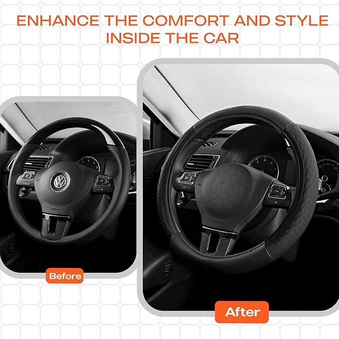 Skechers Steering Wheel Cover,Leather Steering Wheel Cover Hexcomb Design Embedded TPE Steering Wheel Universal Fit 14" 1/2-15" Car Wheel Protector for Men Women Fit Suvs,Vans,Sedans,Car,Trucks,Black