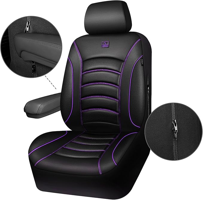 CAR PASS 3D Foam PU Leather Car Seat Covers, Universal Seat Covers Front 2 for Trucks SUV Sedan Automotive Seat Covers Armrest Airbag Compatible Waterproof Comfortable Faux Nappa Leather Black Purple