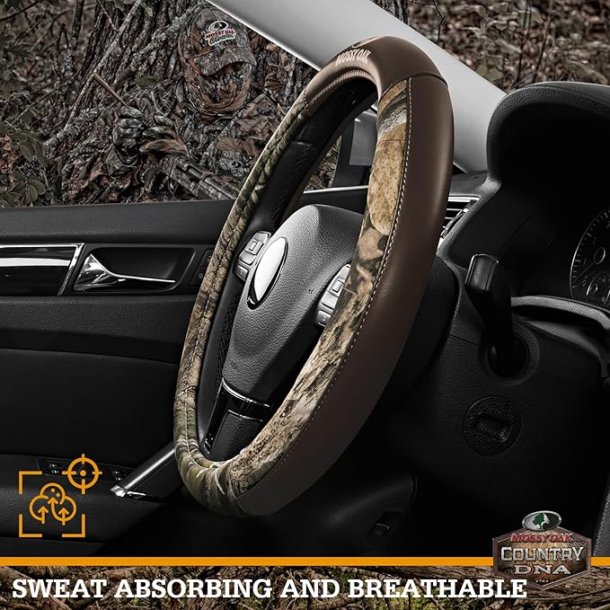 Mossy Oak Camo Steering Wheel Cover, Durable Grip Car Steering Cover, Universal Fit 14.5"–15.5" - Made with Premium Brown PVC Leather and Cotton Fabric, Anti-Slip - Official Licensed Product