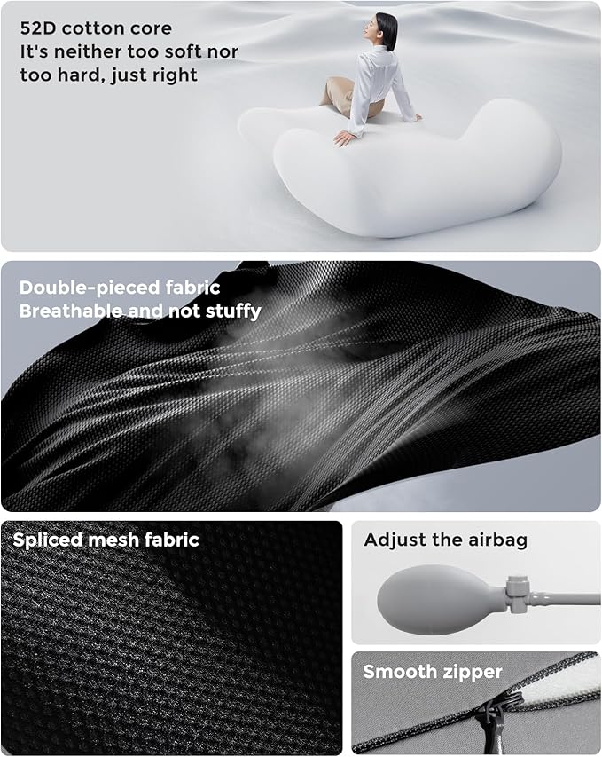 BEBAS Adjustable Air Lumbar Support Pillow for Office Chair, Car & Gaming Chair Memory Foam Back Support for Pain Relief & Posture Correction with Washable Cover, Grey