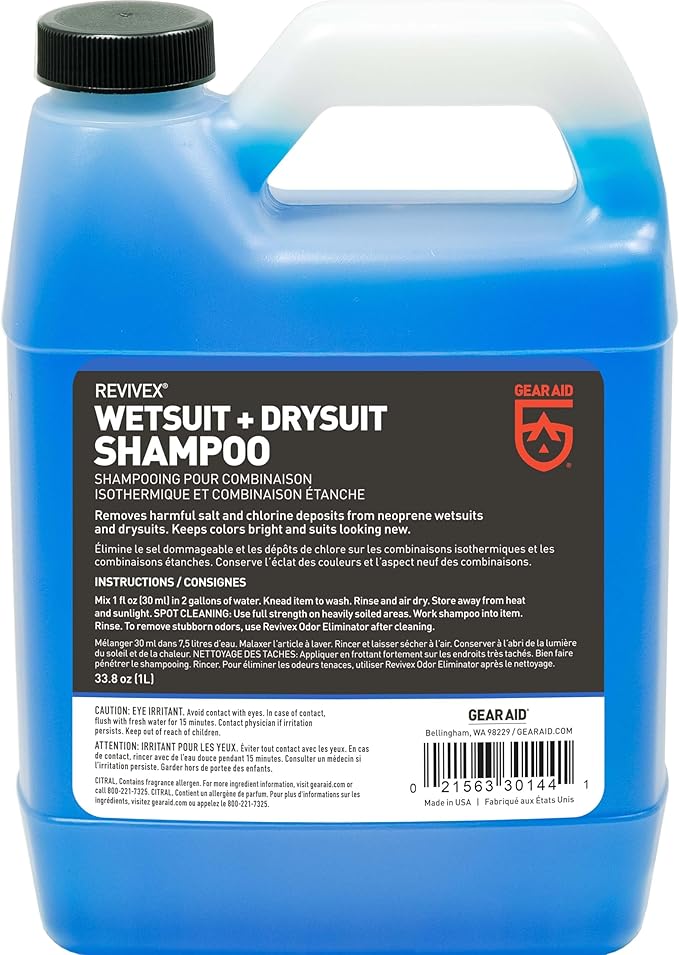 GEAR AID Wetsuit, Drysuit Cleaner and Conditioner – Wash Away Salt, Chlorine, and Residue with Concentrated Shampoo, Keeps Gear Fresh, Durable, and Ready for Use, 1 Liter (33.8 fl oz)