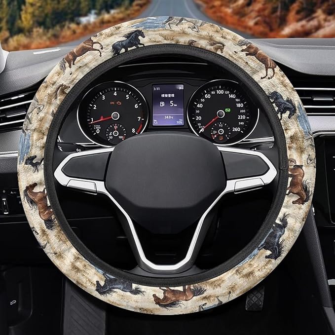 AFPANQZ Car Steering Wheel Covers White Sweat Absorption Comfort Grip, Horse Painting Universal 14-15 inch Stretch-on Fabric Keep Warm Steering Wheel Protector for Women