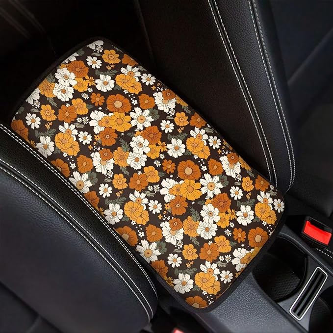 JoyLamoria Hippie Floral Car Armrest Cushion Cover Center Console Box Pad Car Accessories Easy Install