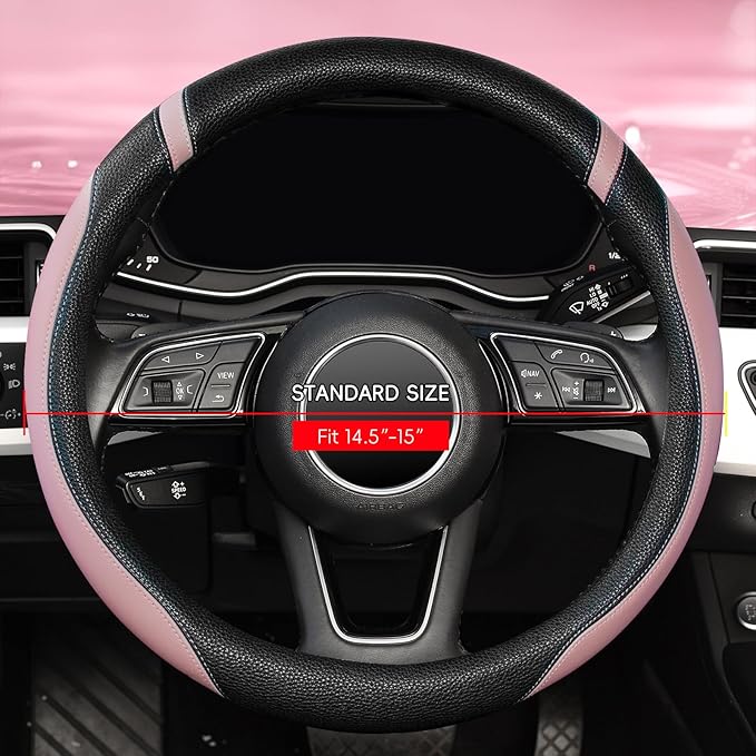 ZHOL Steering Wheel Cover for Women, Breathable Microfiber Leather Car Steering Wheel Protector, Non-Slip Universal Fit for Most Cars(Pink)