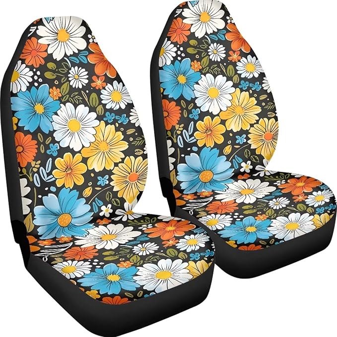 BIGCARJOB Hippie Daisy Car Seat Cover Set for Front Seat Only,2 Pack Blossom Flower Printed Auto Front Seat Protector Saddle Blanket for Women Girly Car Interior Accessories