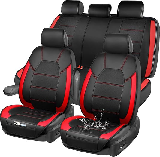 CAR PASS 5 Seats Leather Car Seat Covers, Sideless Car Seat Protectors with Storage Pocket, Water Resistance Seat Cover, Universal Fit Most Cars, SUVs, Trucks and Vans (Full Set,Black and Red)