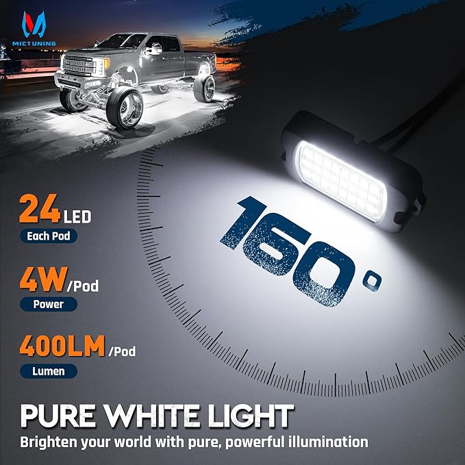 MICTUNING Q1 Max White Rock Lights, 8 Pods Super Bright Pure Underglow Light Kit, IP68 Waterproof for Truck Car ATV UTV Golf Cart (2 Year Warranty)