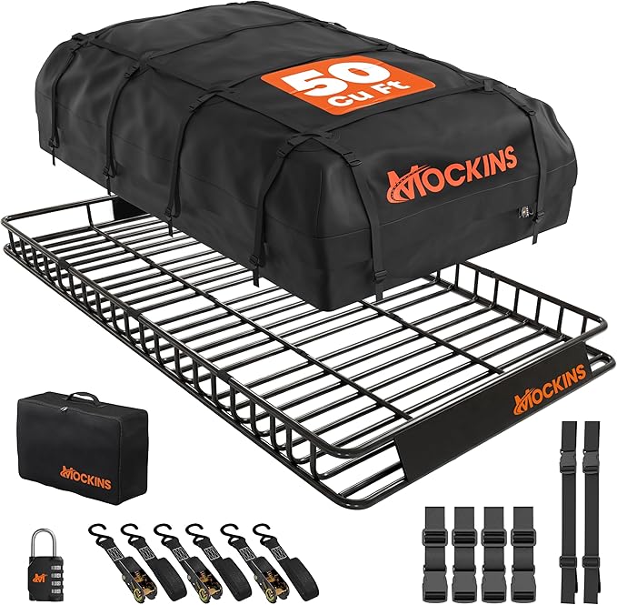 Mockins XXL 90"x50"x6" Heavy Duty Roof Rack Cargo Carrier w/ 50 CuFt Waterproof Rooftop Cargo Bag for Top of Car | All-Weather 250 Lbs Cap Car Top Carrier Roof Basket for SUV RV Van w/Accessories