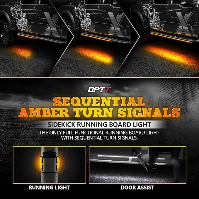 OPT7 Sidekick 78" Running Board Lights 2PCS LED Strips w/Sequential Amber Turn Signal Side Marker, DRL, White Courtesy Light for Extended Crew Cab Pickup - Truck Decorations