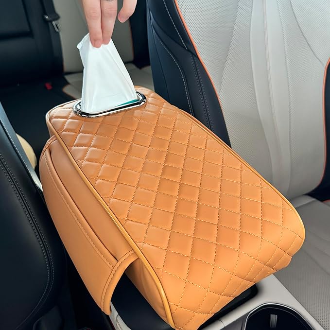 Upgraded Multi-Functional Car Center Console Cover, PU Leather Armrest Pad Cushion with Memory Foam Cushion, 2 Storage Pockets, Tissue Box Hole for Sedan Vehicles, 7 Colors (Yellow)