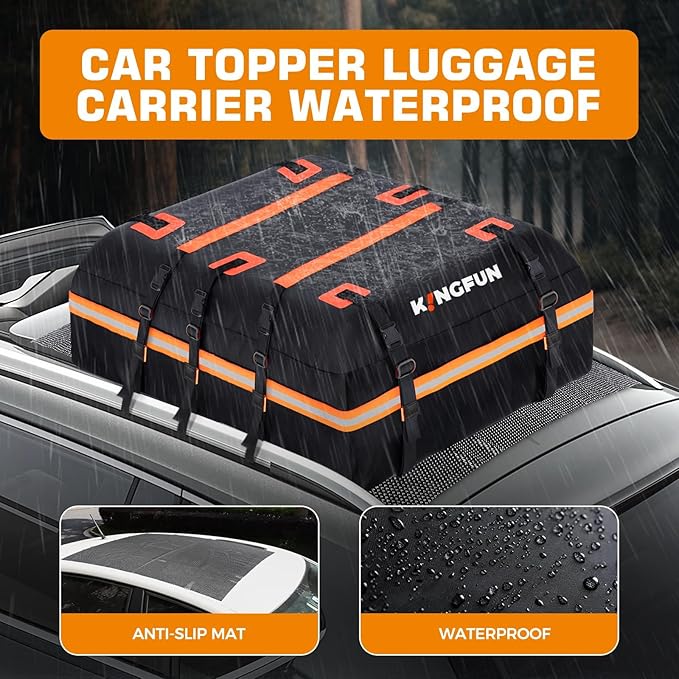 Kingfun Car Rooftop Cargo Carrier – Waterproof 15 Cubic Feet Car Roof Bag Fit All Vehicles with/Without Roof Racks, Includes Anti-Slip Mat, 8 Reinforced Straps & 6 Door Hooks, Luggage Locks