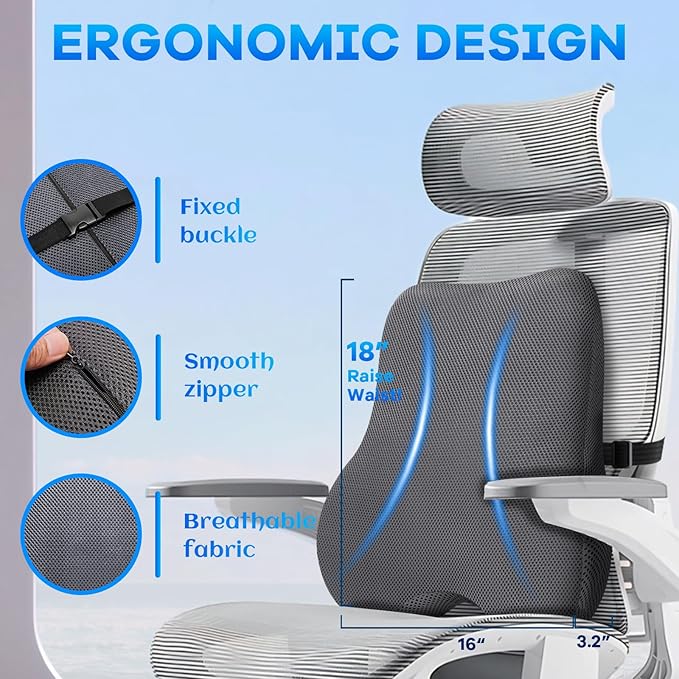 Gel Seat Cushion & Lumbar Support Pillow Set, Cooling Memory Foam for Coccyx & Sciatica Pain Relief, Ergonomic Desk Chair Cushion with Breathable Mesh Cover for Car, Home, Wheelchair (Grey)