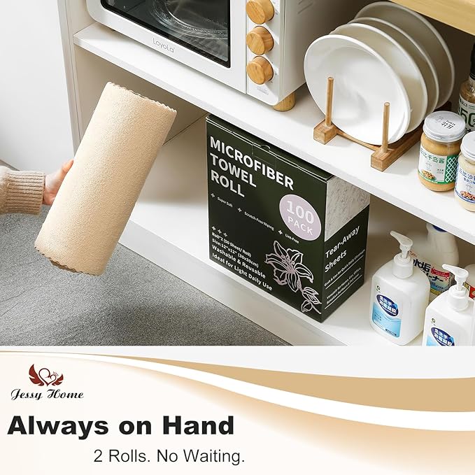 Jessy Home 2 Roll Reusable Paper Towels,100 Sheets Tear Away Microfiber Cleaning Cloth, Lint Free Cleaning Rags for Kitchen, Dishcloth,Household Cleaning Supplies