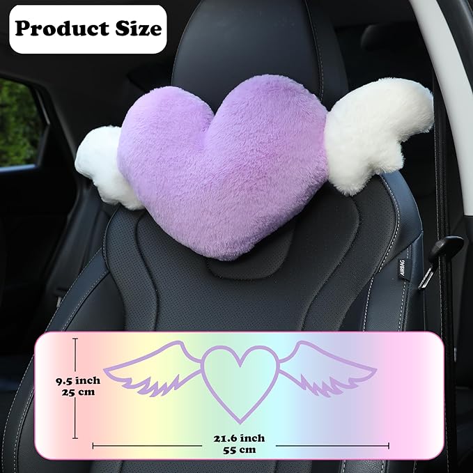 2 Pack Heart Shaped Cute Car Headrest Pillow with Angel Wings - Comfortable Soft Head Rest Cushion Kawaii Car Accessories Neck Pillow for Driving Travelling Office Home Decor - Lavender Love Heart