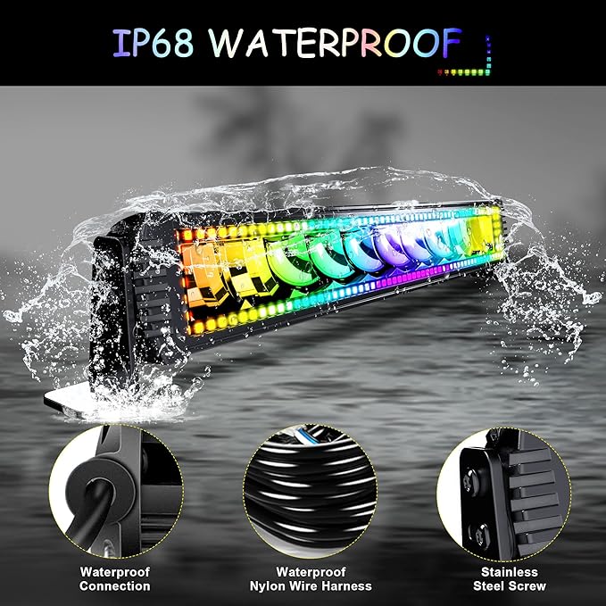 22" RGB LED Light Bar 2Pcs 4" Flood LED Pods with Multi-Color Chasing RGB Halo 16 Solid Colors Over 92 Flashing Modes Offroad Lights Driving Lamp Fog Lights with Switch Wiring Harness