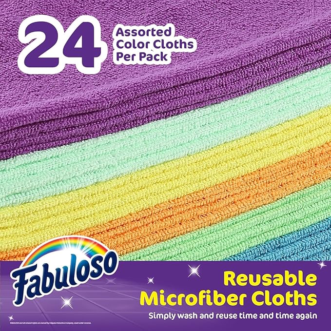 Fabuloso Microfiber Cleaning Cloths for Home & Car, Lint-Free Scratch-Free Rags for Glass, Kitchen & Wood, Reusable Machine Washable, Absorbent for Dusting & Wiping, Rainbow, 13 x 13 in, 24 Ct - 2 Pk