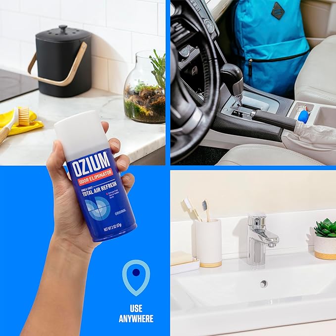 Ozium Air Sanitizer, 2 oz Car Fogger: Single-Shot Smoke Odor Eliminator & Car Air Freshener (New Car Smell, 4 Packs)