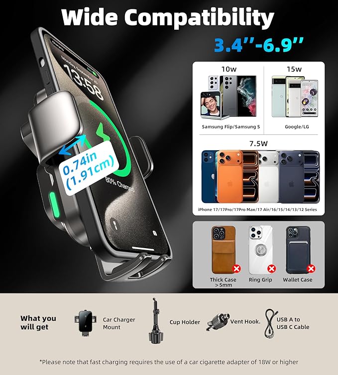 Dual Coil 15W Cup Phone Holder Mount,Wireless Car Charger Auto-Clamping Fast Charging Vent Phone Holders for Your Car for iPhone 17/16/15,Samsung Flip S25 S24 S23 S22 Ultra