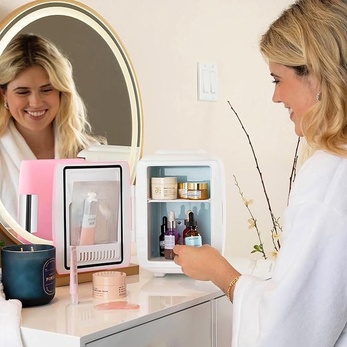 Cooluli Mini Fridge for Bedroom - Car, Office Desk & Dorm Room - Portable 4L/6 Can Electric Plug In Cooler & Warmer for Food, Drinks, Skincare Beauty & Makeup - 12v AC/DC & Exclusive USB Option, Pink