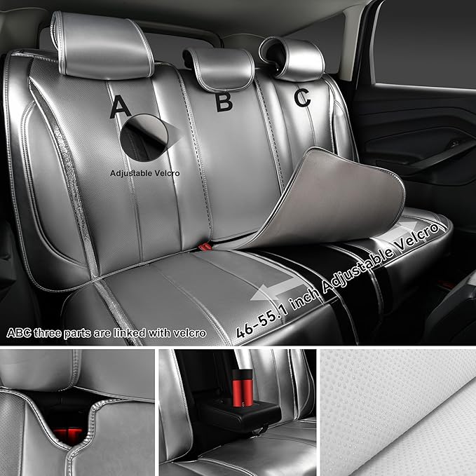 CAR PASS Ultra+ Nappa Leather Car Seat Covers Full Set Universal Cushioned, Soft Breathable Waterproof Anti-Slip Driver Seats and Backrest for SUV Pick-up Truck Sedan, 5 Seats Margiela Solid Silver