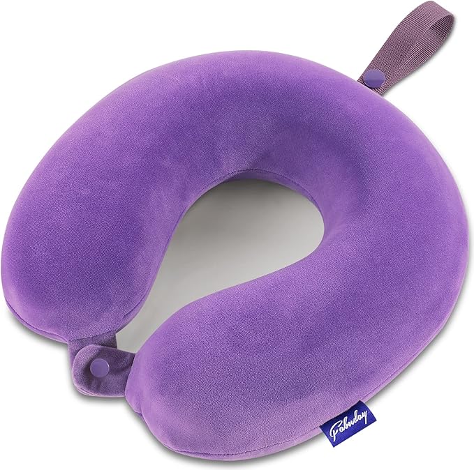 Neck Pillow for Travel Memory Foam - Airplane Pillows for Sleeping with Attachable Snap Strap Soft Washable Cover, Flight Pillow for Traveling, Car, Home, Provide Head Neck Support Rest Purple