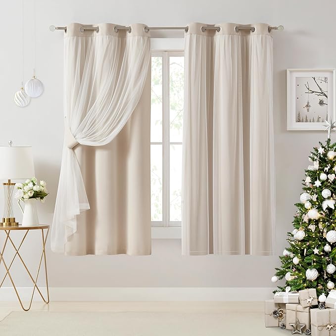 Bujasso Beige 80% Blackout Curtains with Sheer Overlay Mix and Match Double Layer Thermal Insulated Window Panels 63 inch for Living Room Bedroom Beige Drapes with Tiebacks Grommet Top 37" Wx63 Lx2