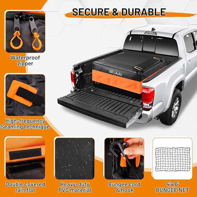 [All-in-One Bundle] 26 CuFt Waterproof Truck Bed Cargo Bag with Heavy Duty Cargo Net, Storm-Proof Pickup Luggage Carrier (50"x40"x22"), Fits All Pickups, Includes Storage Bag & Bungee Net