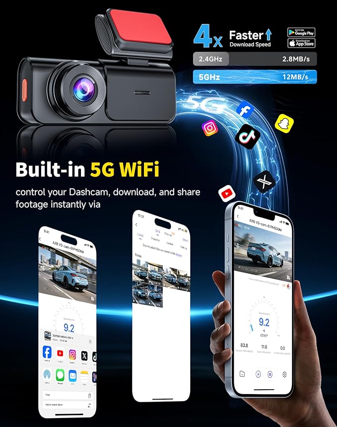 AXB Dash Cam Front and Rear: 4K+2.5K Dashcam with 5G WiFi APP Control & 64GB Card - Dual Dash Camera for Cars with 24H Parking Mode Night Vision Loop Recording Emergency Lock (V3)