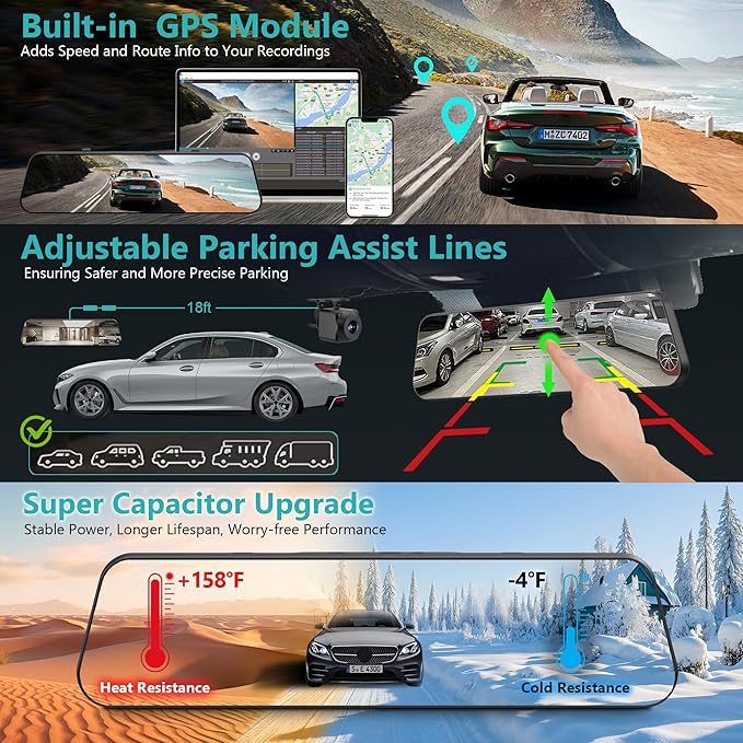 12" 3 Channel 4K Mirror Dash Cam, Sony STARVIS 2 IMX675 Night Vision, BSD Blind Spot Detection, 4K+1080P+2.5K Front Inside Rear View Camera, 5.8GHz WiFi, 24H Parking Mode, 128G Card