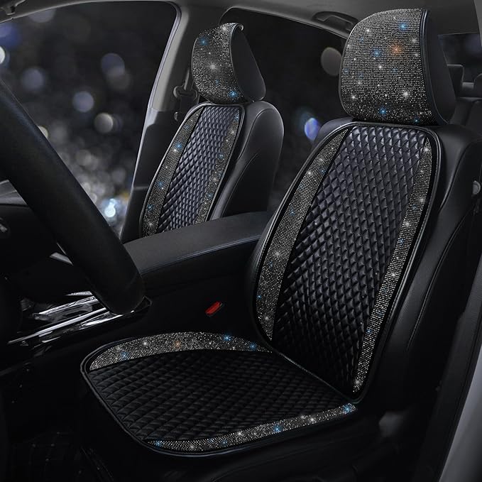 Luxury PU Leather Auto Seat Cover Protector Rhinestone Crystal Glitter Vehicles Front Seat Pad Mat Bling Bling Diamond Car Interior Accessories for Women, Lady - Universal Fit Black 2Seats