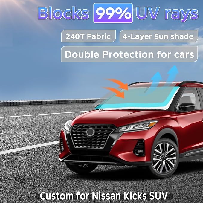 Sun Shade Sunshade for Nissan Kicks SUV 2017-2024 Windshield Cover, 4-Layers Sun Shield 250T Silver Coating Sun Visor Foldable Window Shade Blocks UV Rays Car Accessories