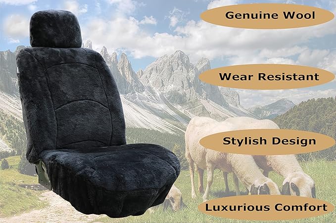 Genuine Sheepskin Seat Cover Lambskin Seat Cover Winter Car Seat Cover Lambs Wool Sheep Skin Fuzzy Shearling Car Accessories Front Bucket with Curve Patten (Black)