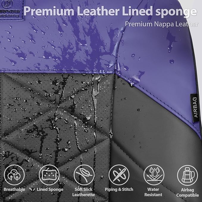CAR PASS Nappa Leather Seat Covers for Car, Waterproof Seat Covers Full Set, Luxury 3D Rhombus Lined Sponge Airbag Compatible Universal Fit for Automotive SUV Truck Pickup Sedan, Black Blue