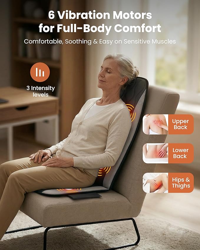 CILI Vibration Massage Chair Pad, Quiet Back Massager for Office Chair, Sofa & Recliner, Independent Graphene Heat & Massage Control, 15-30 Min Timer for Back Pain Relief