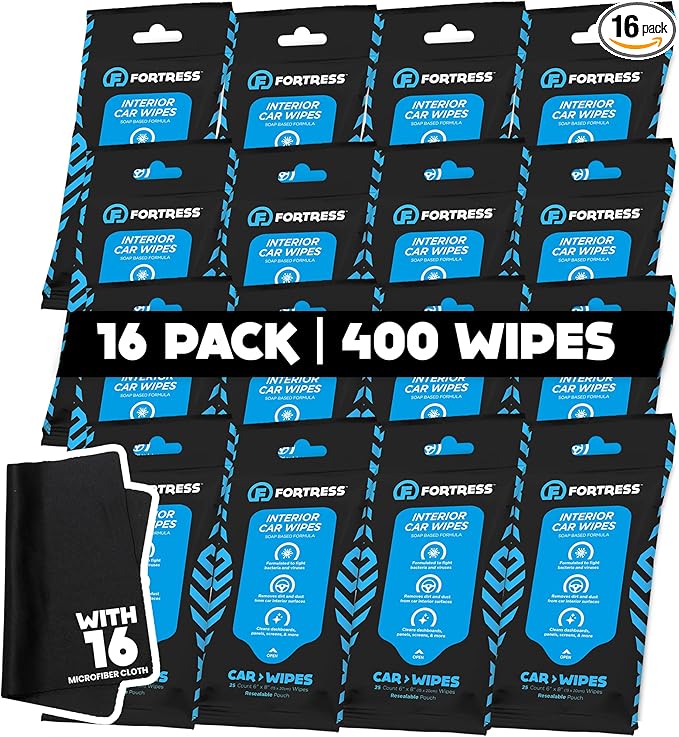 Fortress Car Interior Wipes with Microfiber Cloth (25 ct, Pack of 16) for Car Interior Cleaning, Dashboard, Seats, Detailing, and Steering Wheel [Travel Size] Skin-Safe Car Interior Cleaner Supplies