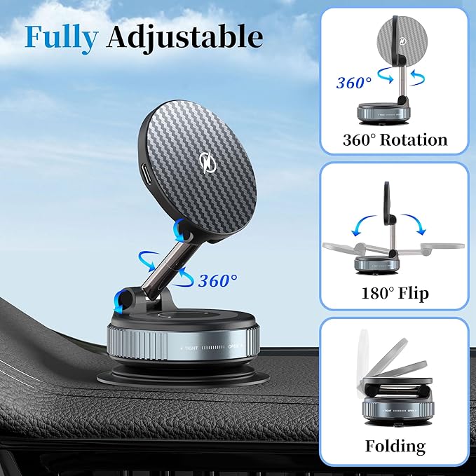PlusAcc Vacuum Magnetic Phone Holder for Car, Suction Cup Phone Mount for MagSafe, 360°Rotatable Strong Magnet Stand for iPhone 16/15/14/13 in Smooth Surface (Charging)