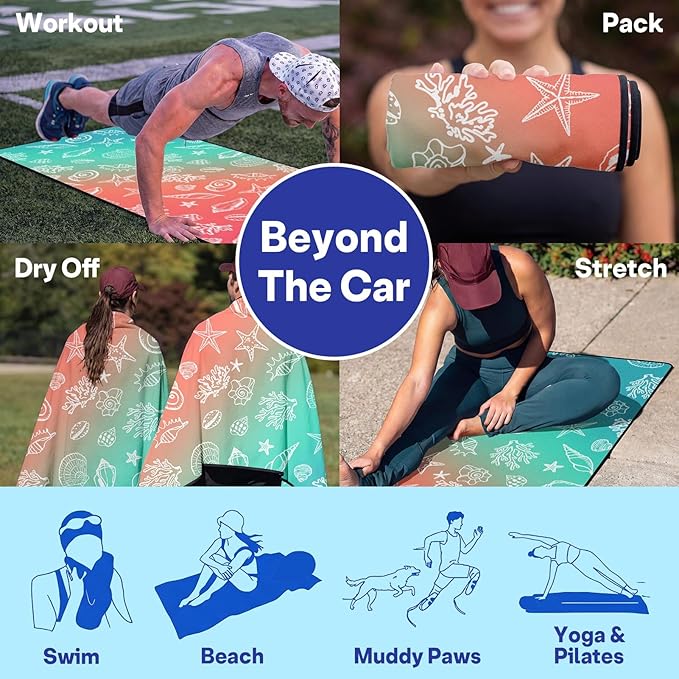 2 Pack Car Seat Towel Covers, Sweat Protector for Front Seats, Premium Thickened Microfiber with Elastic Strap, Breathable & Quick Dry, Machine Washable Cover for Gym Running Universal Fit Seashell