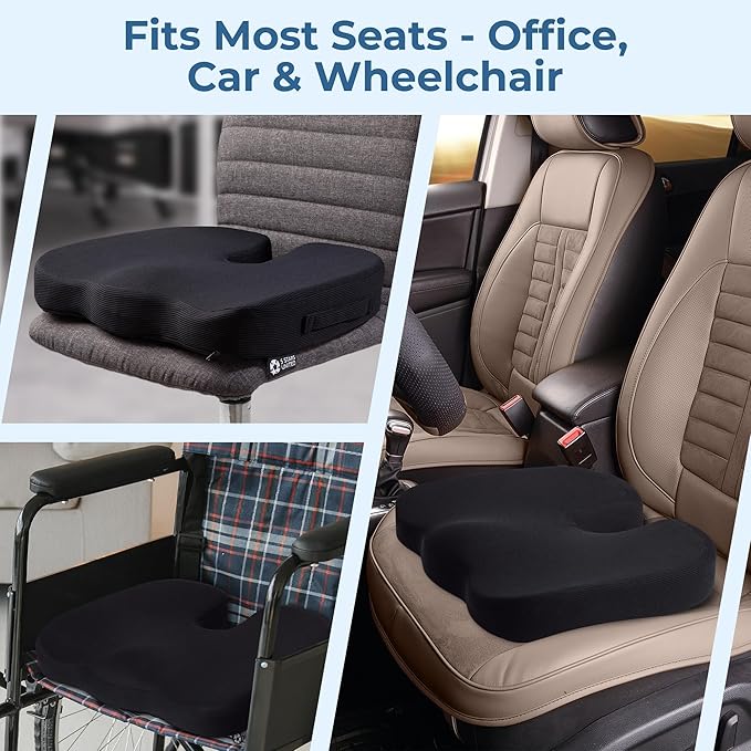 5 STARS UNITED Seat Cushion - Memory Foam Chair Cushion for Tailbone Pain Relief - Ergonomic Support for Coccyx, Sciatica & Butt - Office, Desk & Gaming Chair, Car Seat, Wheelchair, Airplane, L Gray